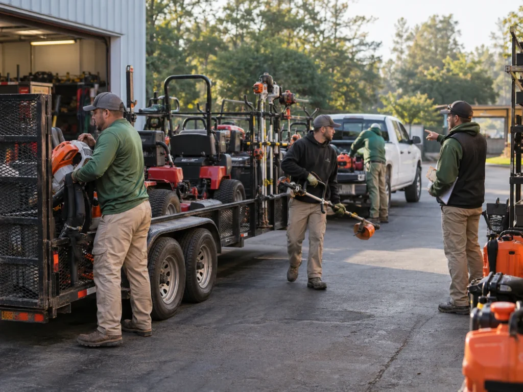 Commercial landscape maintenance crew loading mowers, blowers and trimmers before heading to field jobs.