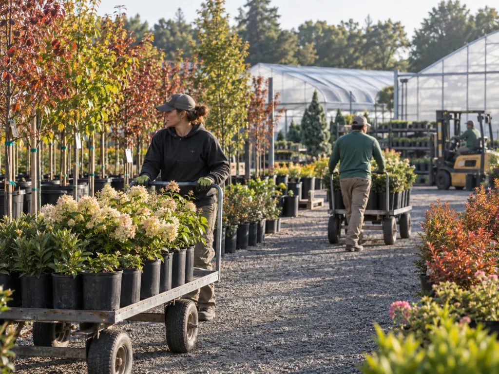 Commercial nursery employees moving plant inventory near greenhouses and loading equipment during daily operations.