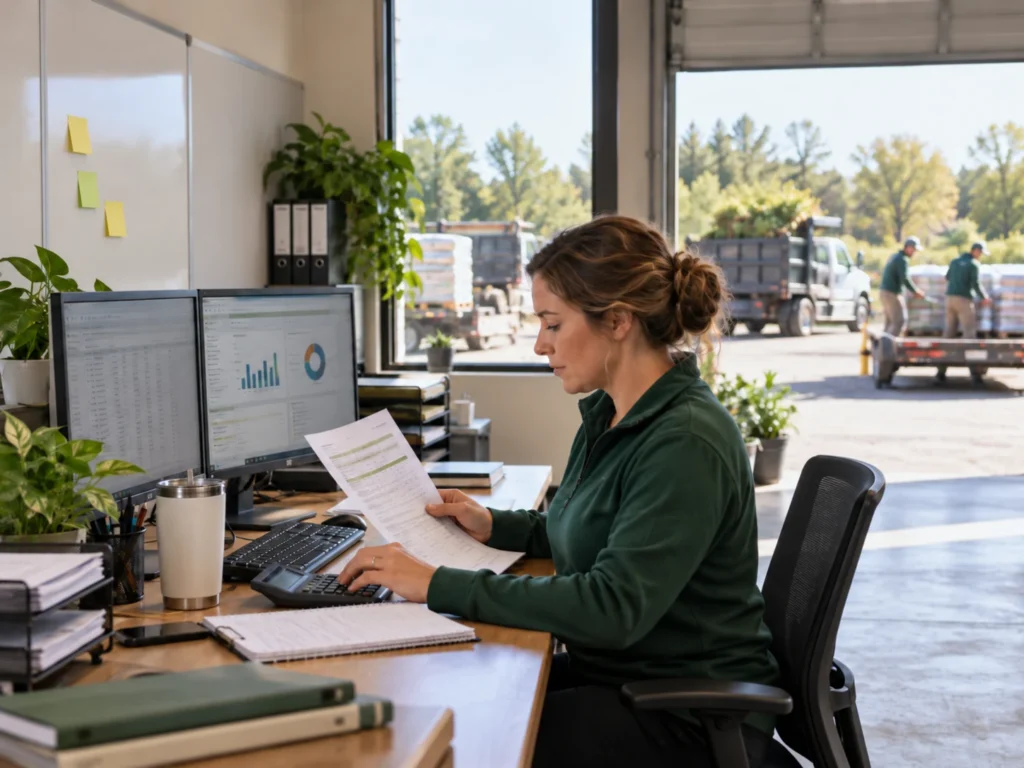 Green-industry accounting professional reviewing financial records in an office connected to active field operations.
