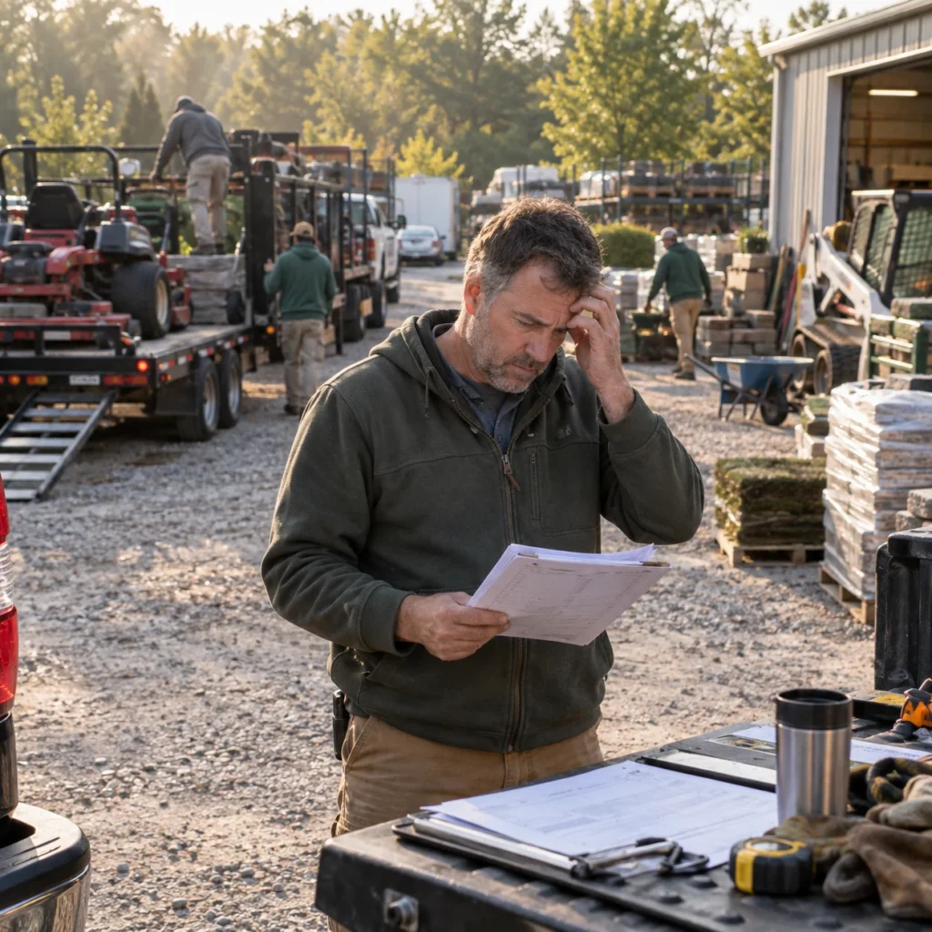 Landscape business owner reviewing paperwork in a busy yard while crews, equipment, and trucks prepare for the workday.