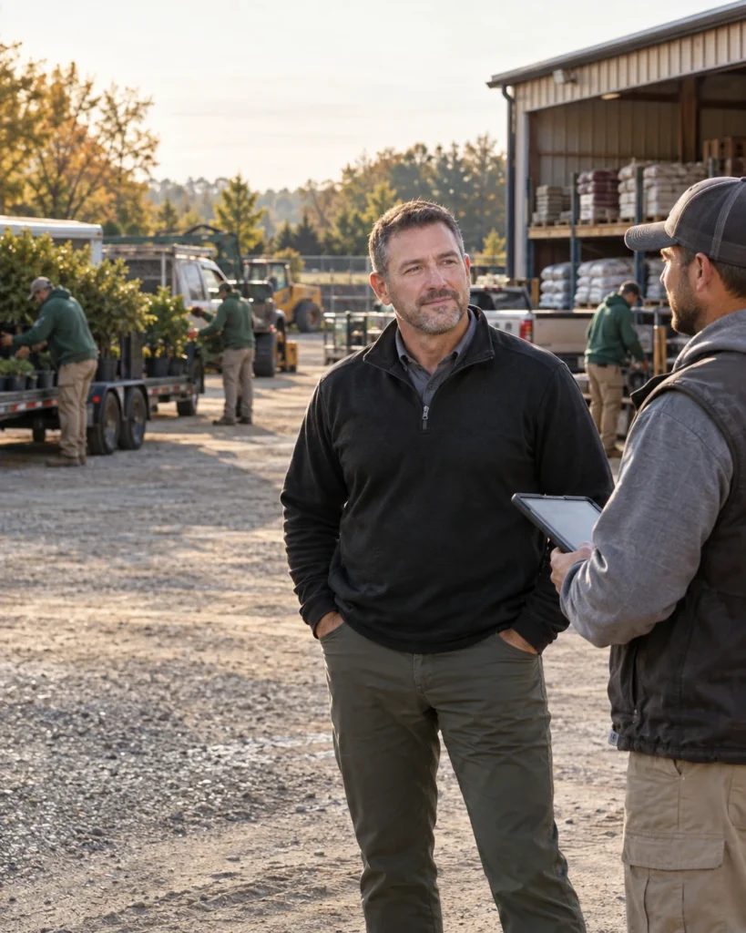 Landscape business owner talking with a foreman while crews, trucks and equipment operate in the company yard.