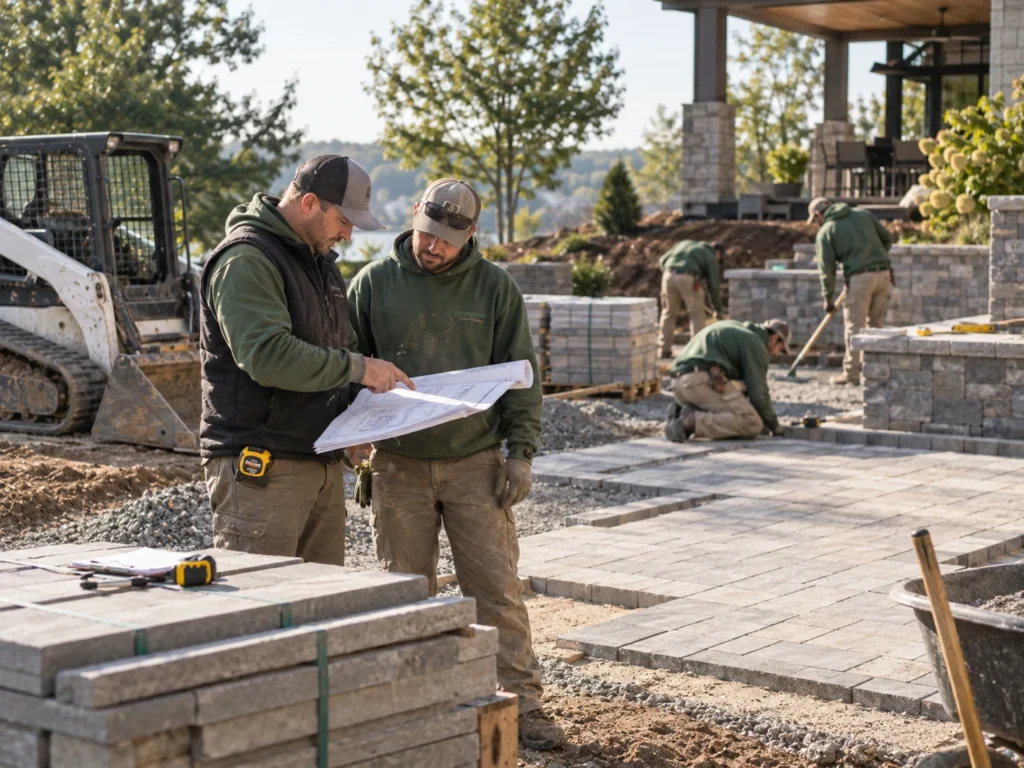 Landscape design-build foreman and crew member reviewing project plans while a hardscape crew installs pavers.