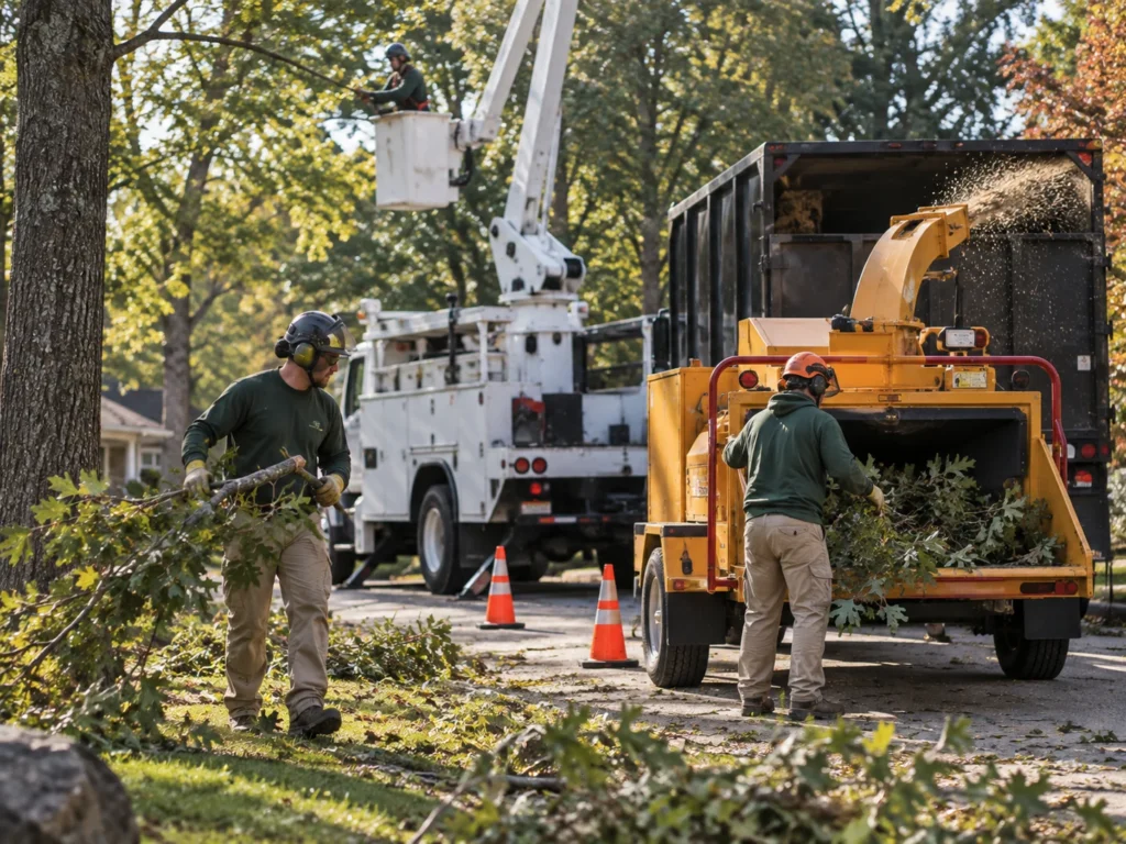 Tree care crew working with a bucket truck and wood chipper during a professional tree service job.