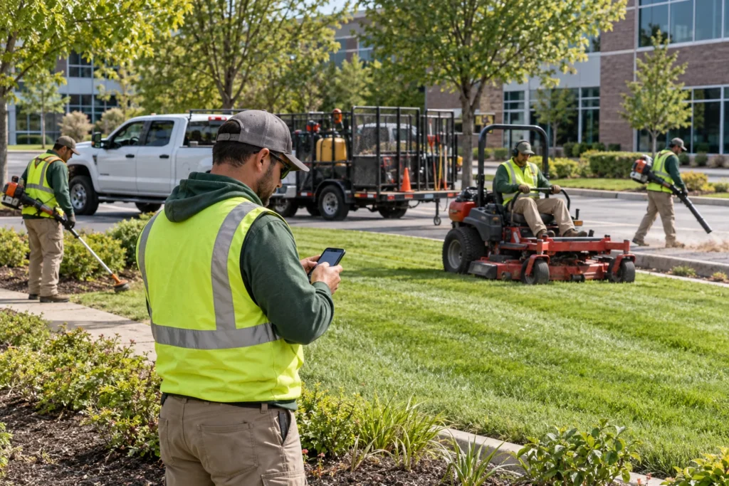 Commercial landscape maintenance crew mowing, trimming and blowing at a business property while a crew leader records job information on a smartphone.