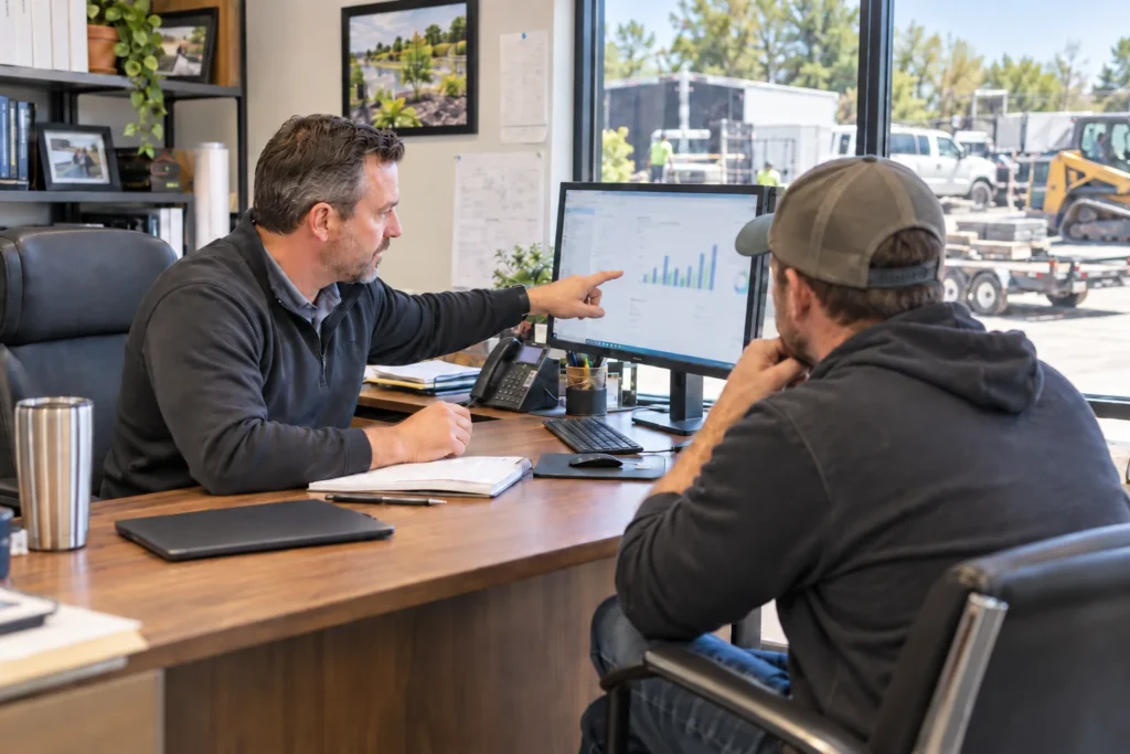 Landscape business owner and operations manager reviewing performance data in a bright office with crews, trucks and equipment visible outside.