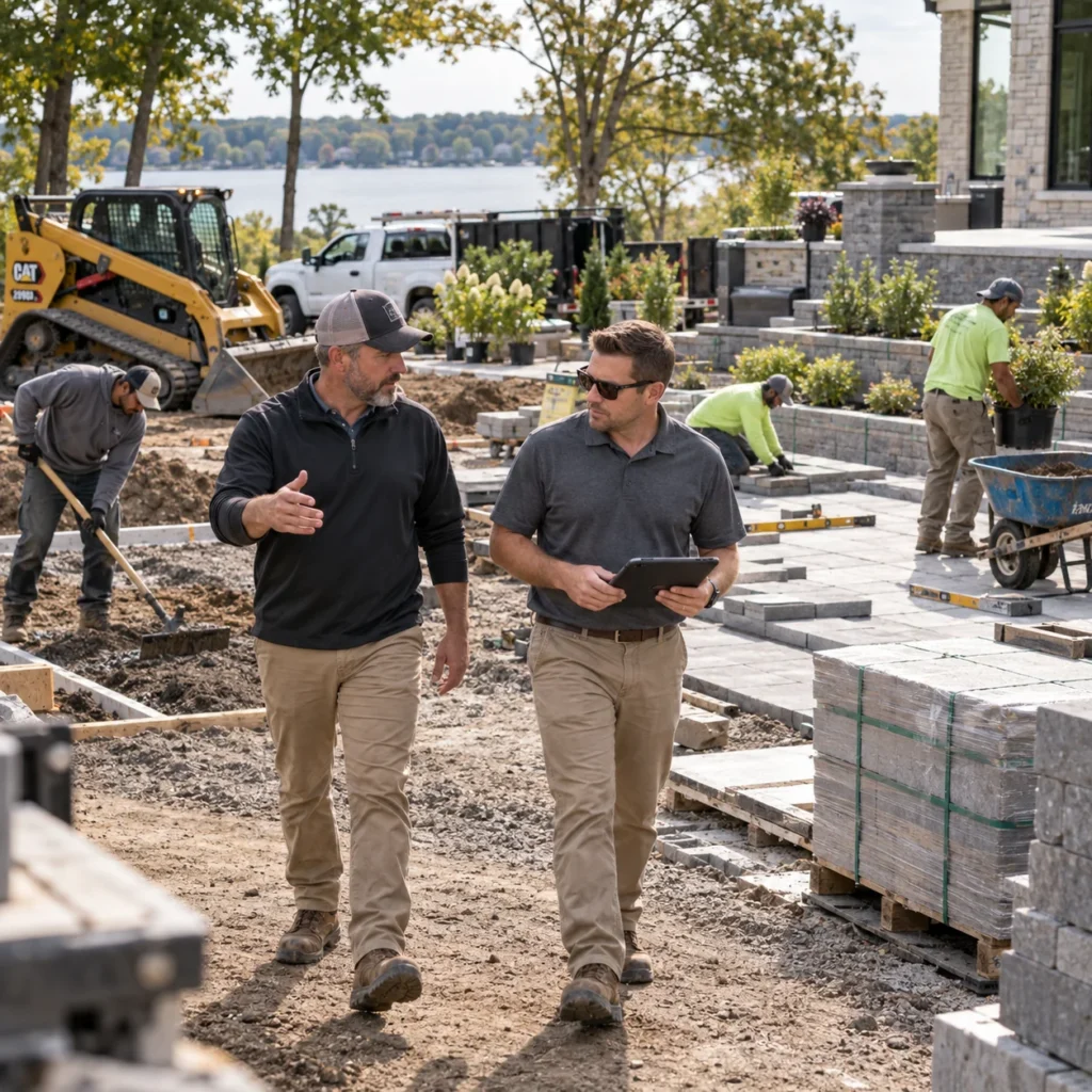 Landscape company owner and operations manager walking through an active design-build jobsite with crews, equipment, materials and hardscape installation in progress.
