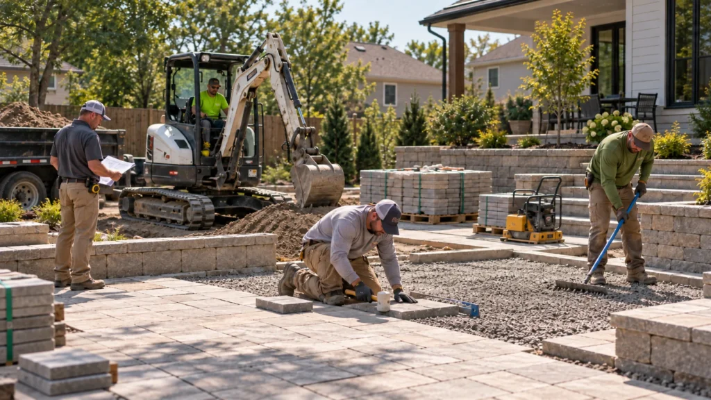 Landscape hardscape crew installing pavers with excavator, materials and project supervision on an active residential jobsite.