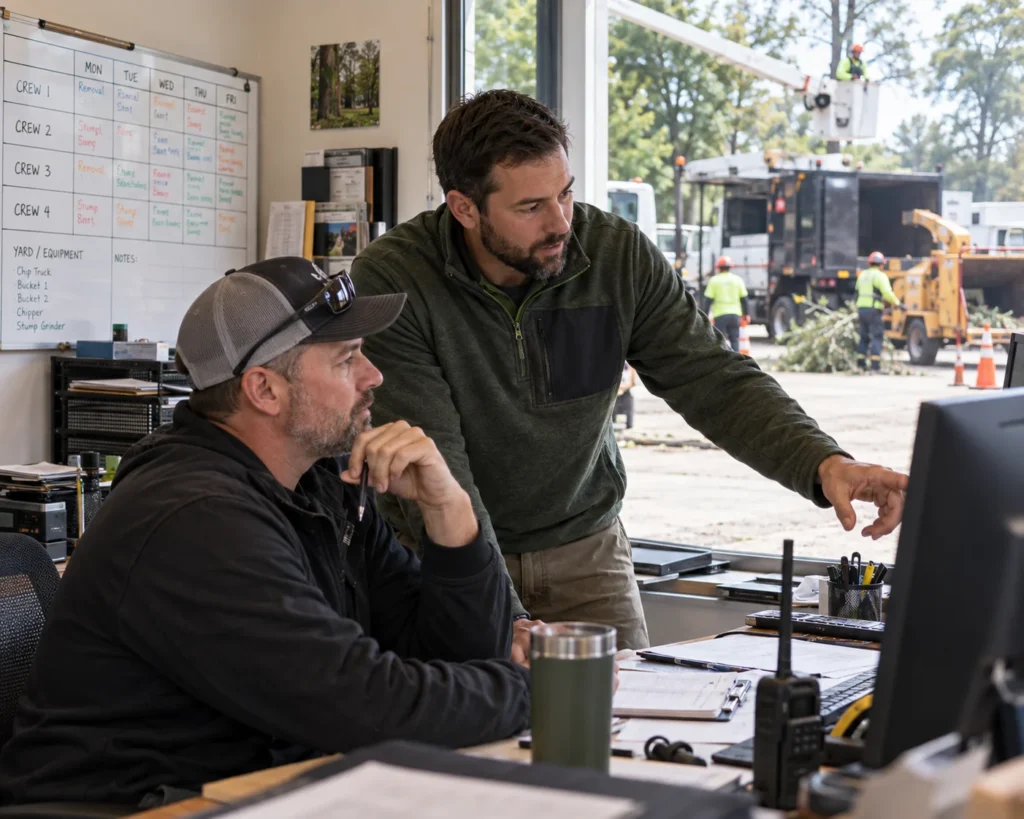 Tree care company owner and operations manager reviewing crew schedules in an office with a bucket truck, chipper and arborist crew visible outside.